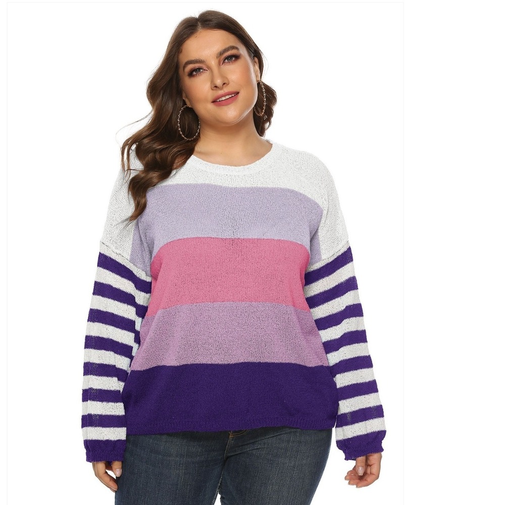 Flamingo Striped Sweater Pullover Long Sleeve Cozy Purple Pink White Women's